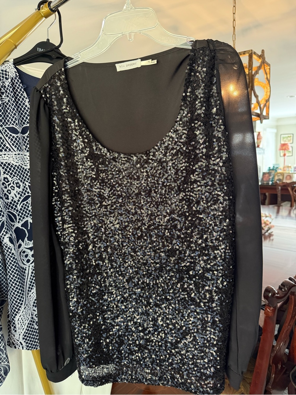 Blu Pepper Black Sequin Long Sleeve Top with Sheer Sleeves